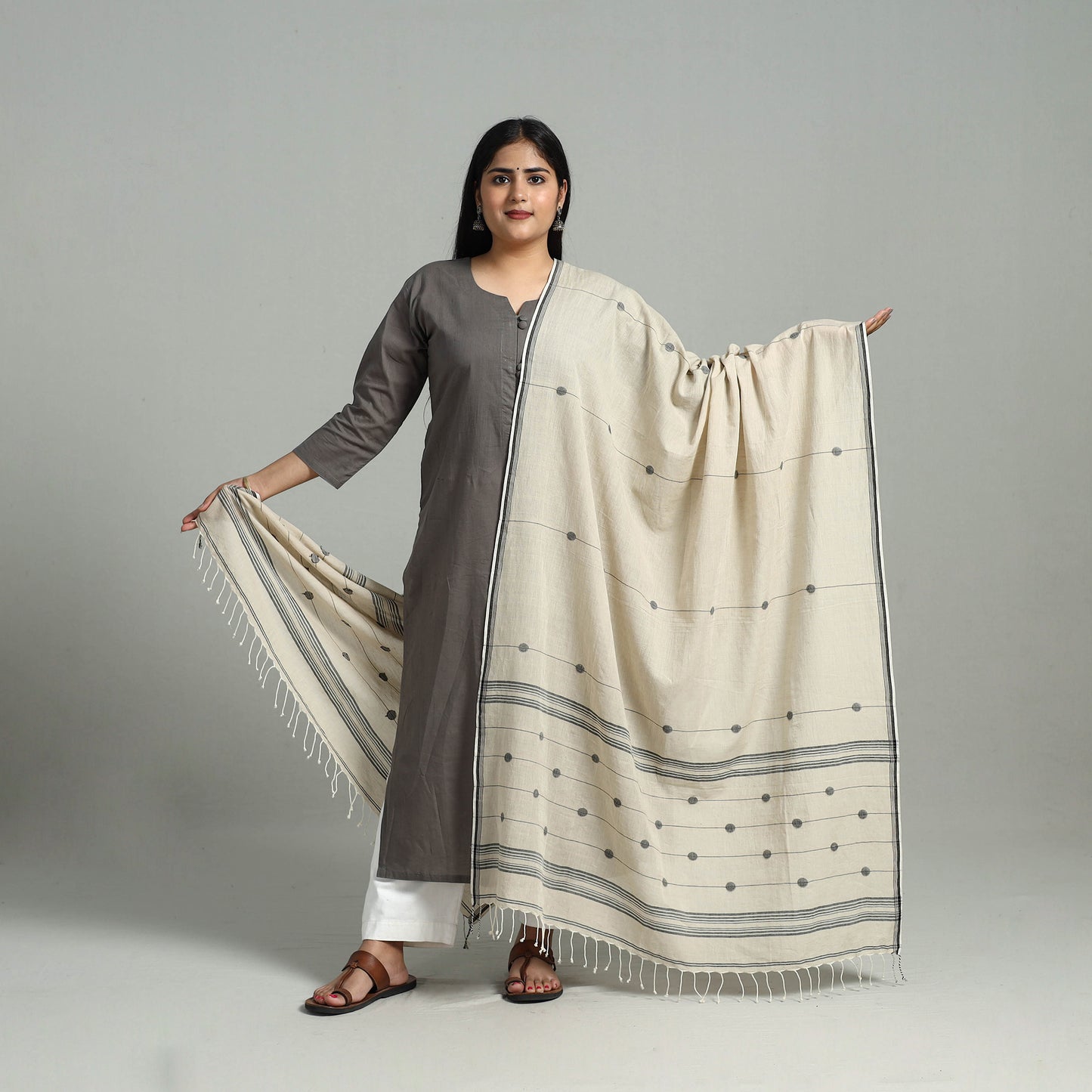 Beige - Handloom Cotton Burdwan Jamdani Dupatta 21