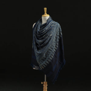 Blue - Kutch Handwoven Ajrakh Hand Block Print Merino Wool Shawl  52