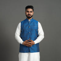 Blue - Silk Cotton Handwoven Pochampally Ikat Nehru Jacket 17