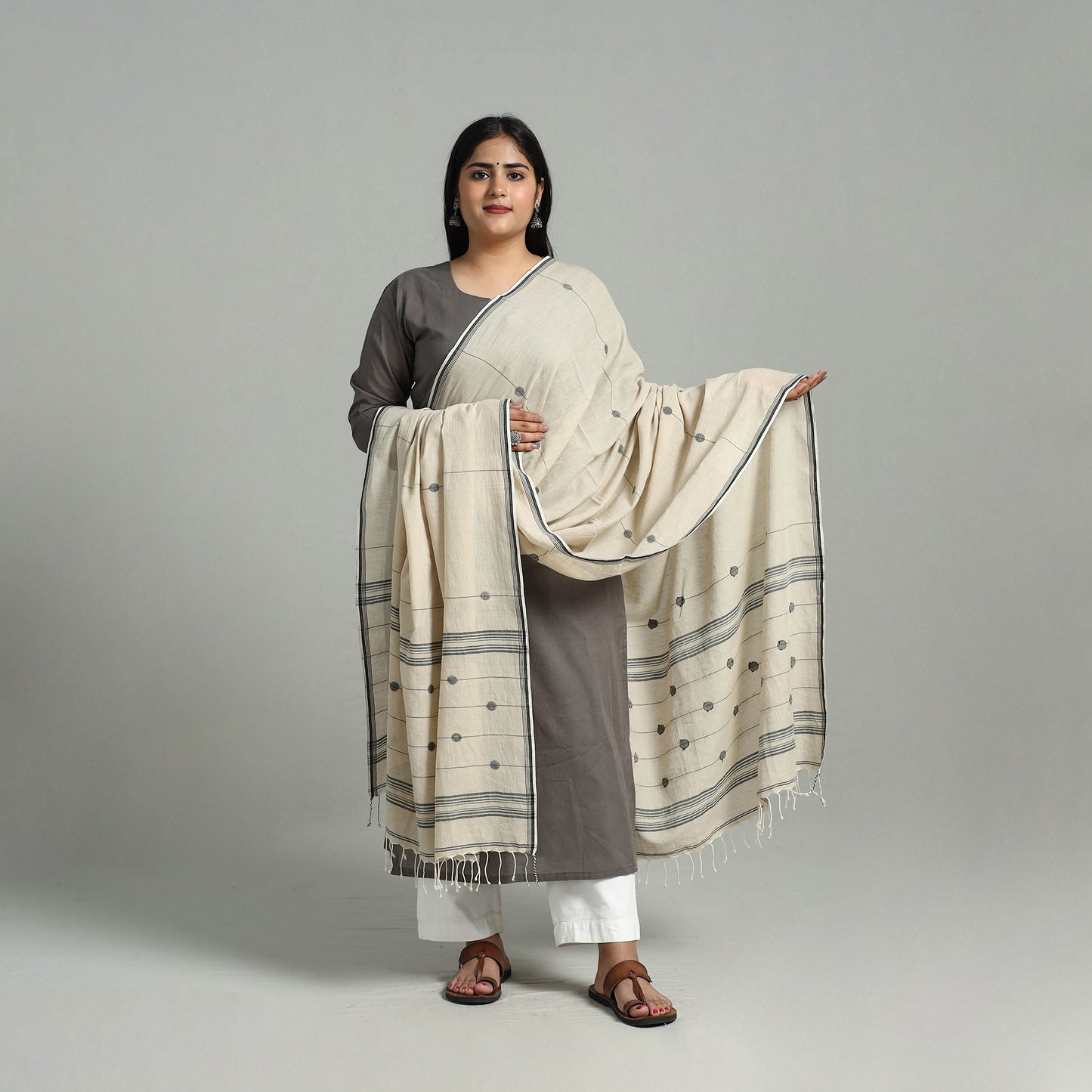 Beige - Handloom Cotton Burdwan Jamdani Dupatta 21