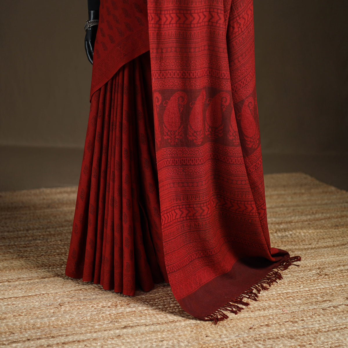 Handwoven Merino Wool Natural Dyed Hand Block Print Bagh Saree 07