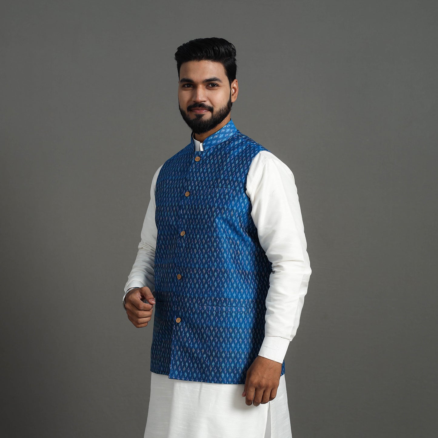 Blue - Silk Cotton Handwoven Pochampally Ikat Nehru Jacket 17