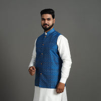 Blue - Silk Cotton Handwoven Pochampally Ikat Nehru Jacket 17