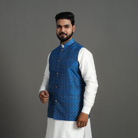 Buy Blue Silk Cotton Handwoven Pochampally Ikat Nehru Jacket