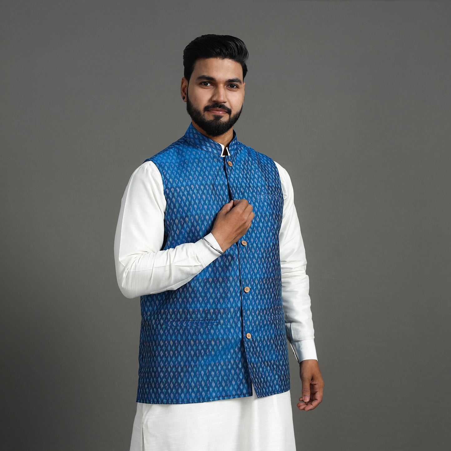 Blue - Silk Cotton Handwoven Pochampally Ikat Nehru Jacket 17