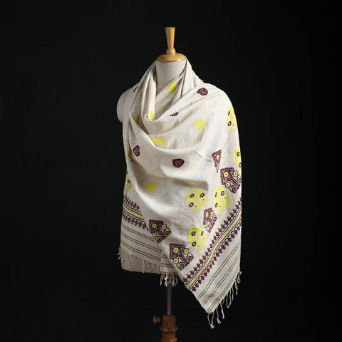 White - Handspun Handwoven Pure Eri Silk Aari Hand Embroidered Shawl of Assam 21
