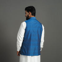 Blue - Silk Cotton Handwoven Pochampally Ikat Nehru Jacket 17