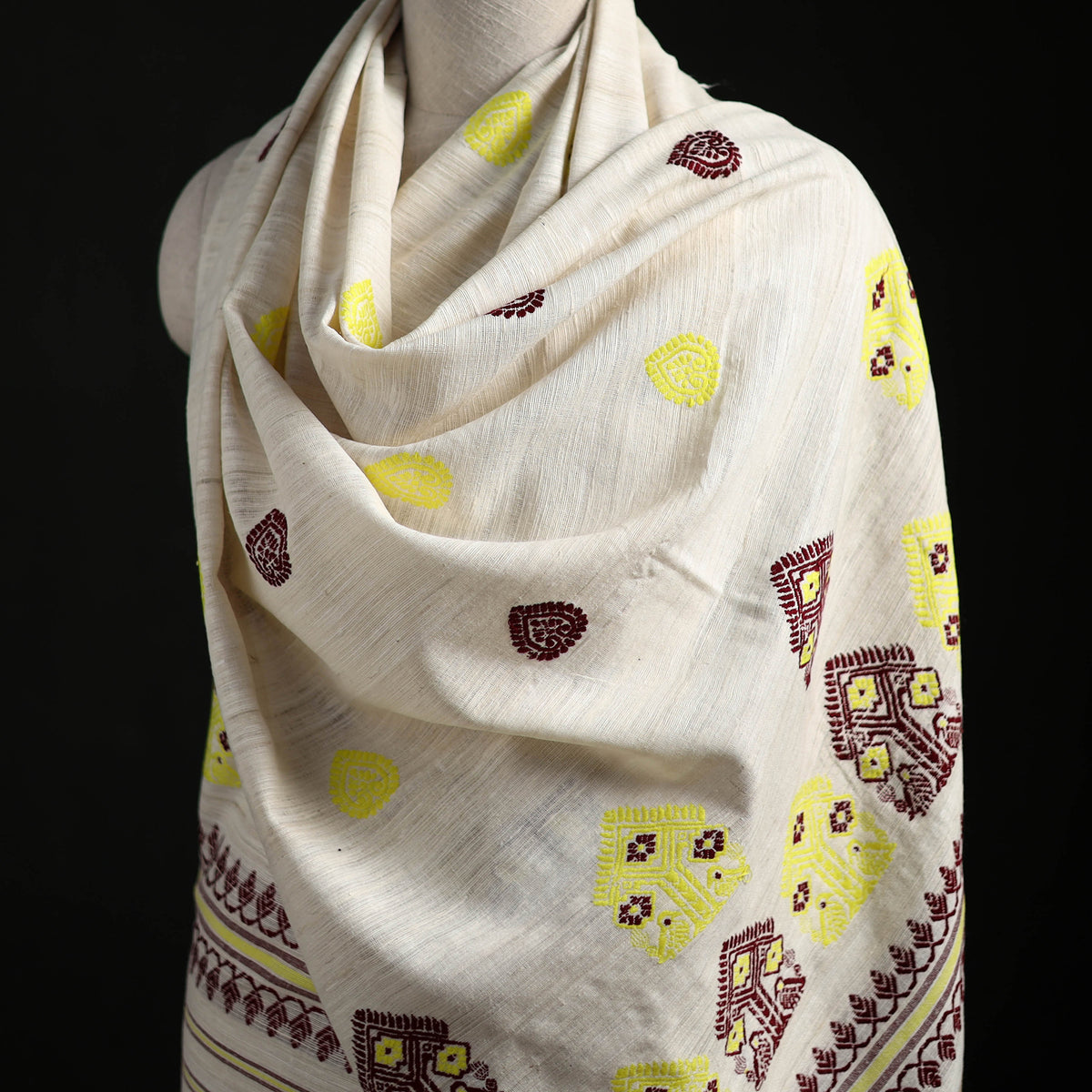 White - Handspun Handwoven Pure Eri Silk Aari Hand Embroidered Shawl of Assam 21