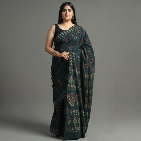 Green - Nandana Dabu Block Printed Mul Cotton Saree 07