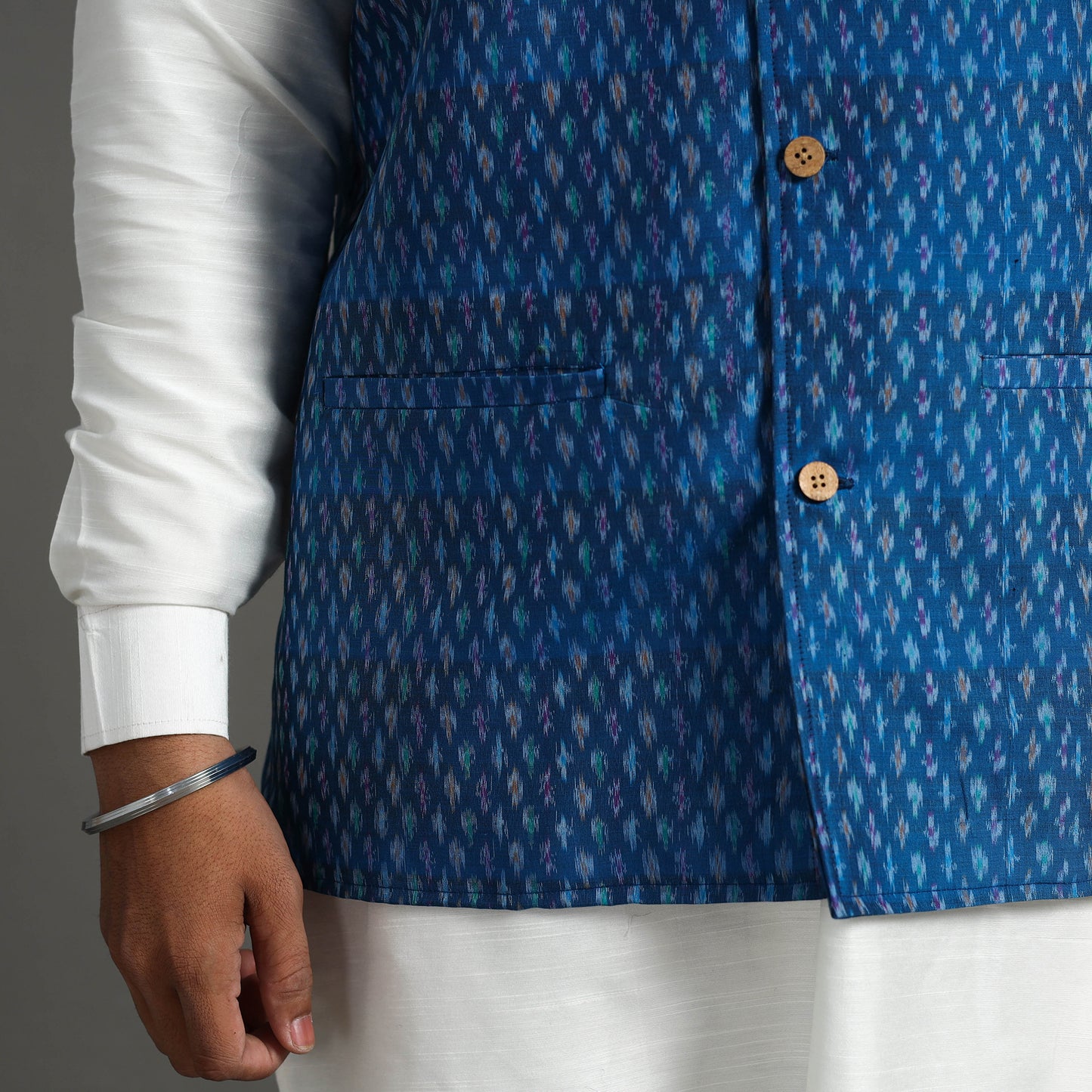 Blue - Silk Cotton Handwoven Pochampally Ikat Nehru Jacket 17