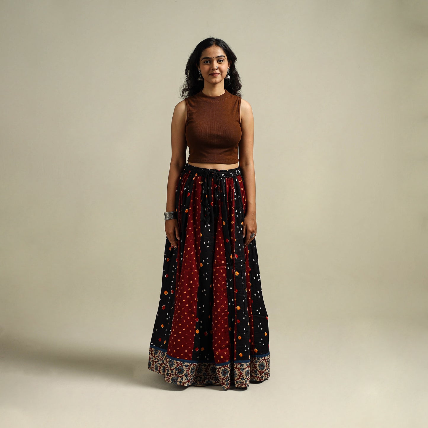 Multicolor - Bandhani Tie-Dye 24 Kali Patchwork Cotton Long Skirt 09