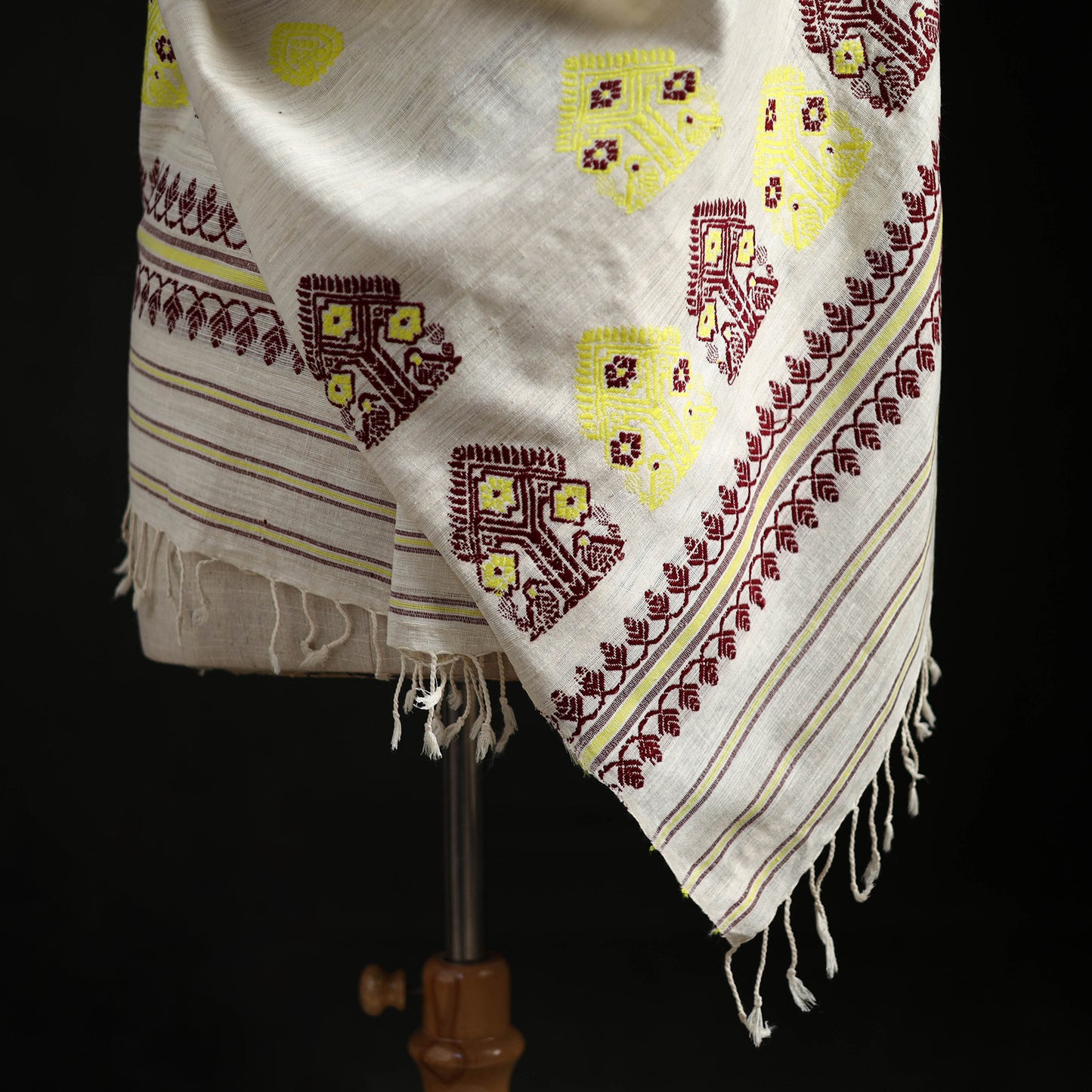 White - Handspun Handwoven Pure Eri Silk Aari Hand Embroidered Shawl of Assam 21