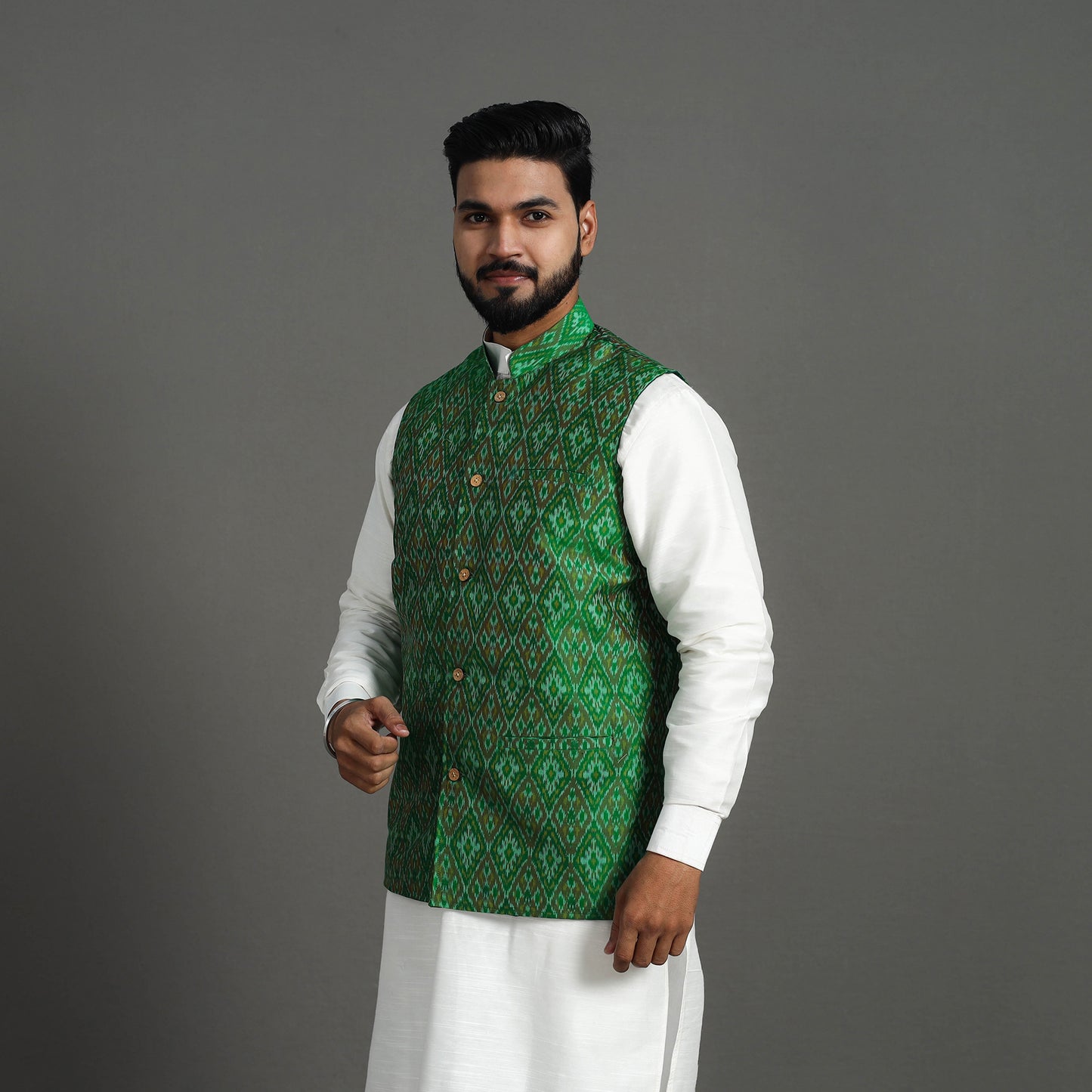 Green - Silk Cotton Handwoven Pochampally Ikat Nehru Jacket 19