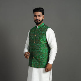 Green Silk Cotton Handwoven Pochampally Ikat Nehru Jacket