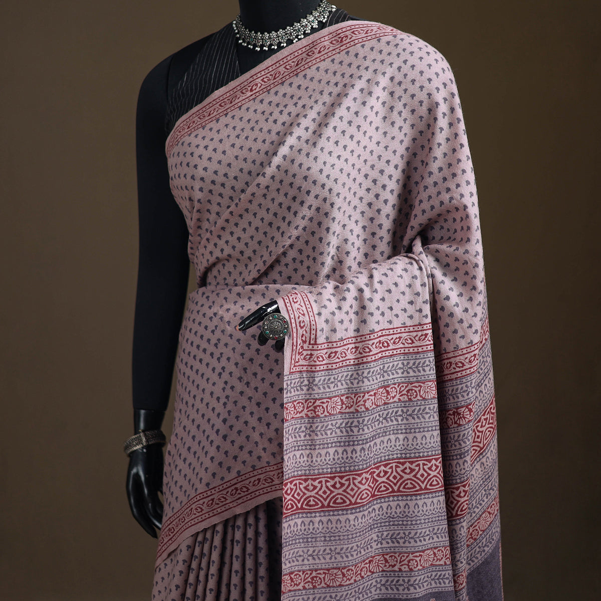Handwoven Merino Wool Natural Dyed Hand Block Print Bagh Saree 09
