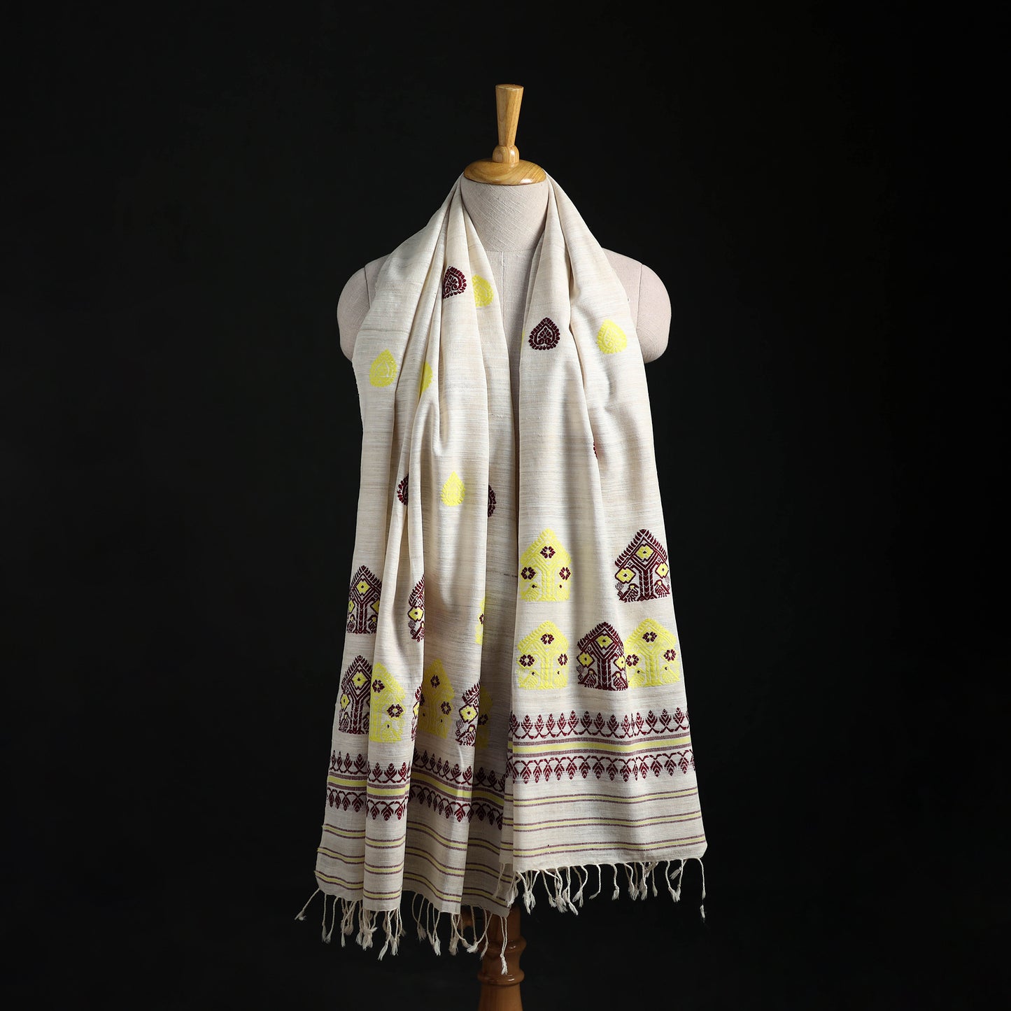 White - Handspun Handwoven Pure Eri Silk Aari Hand Embroidered Shawl of Assam 21
