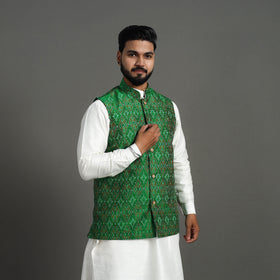 Green Silk Cotton Handwoven Pochampally Ikat Nehru Jacket