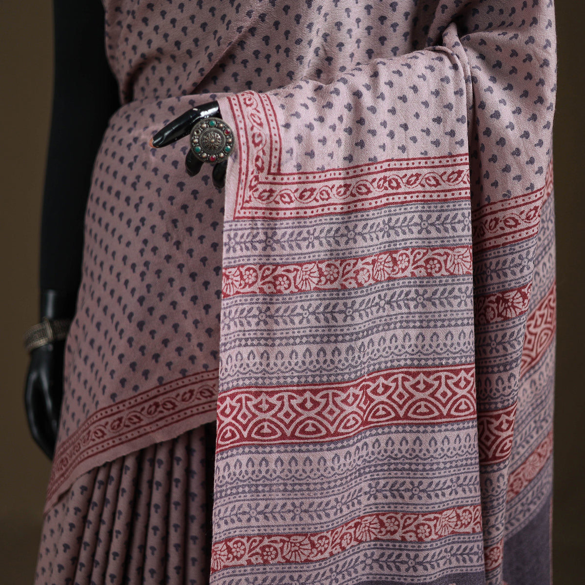 Handwoven Merino Wool Natural Dyed Hand Block Print Bagh Saree 09
