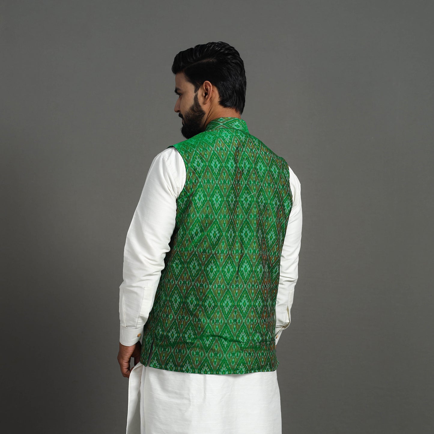 Green - Silk Cotton Handwoven Pochampally Ikat Nehru Jacket 19