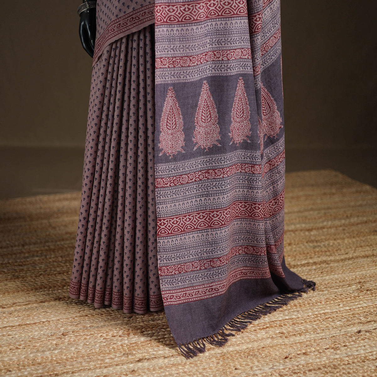 Handwoven Merino Wool Natural Dyed Hand Block Print Bagh Saree 09