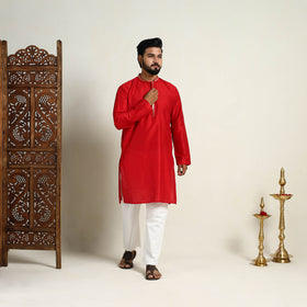 Buy Red Slub Silk Kurta for Men with Embellished Neckline Work