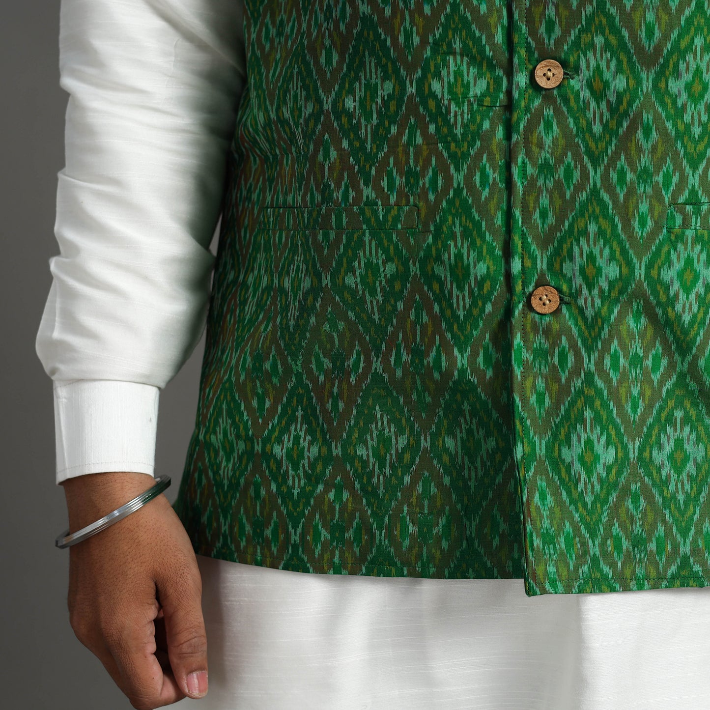 Green - Silk Cotton Handwoven Pochampally Ikat Nehru Jacket 19