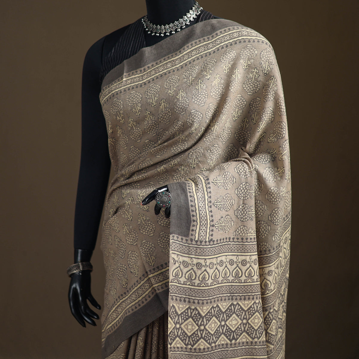 Handwoven Merino Wool Natural Dyed Hand Block Print Ajrakh Saree 10