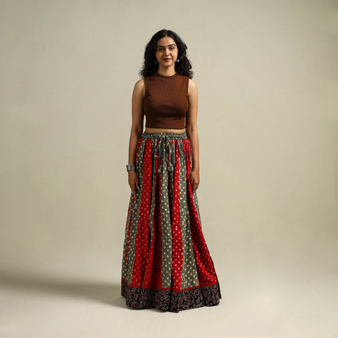Multicolor - Bandhani Tie-Dye 24 Kali Patchwork Cotton Long Skirt 01