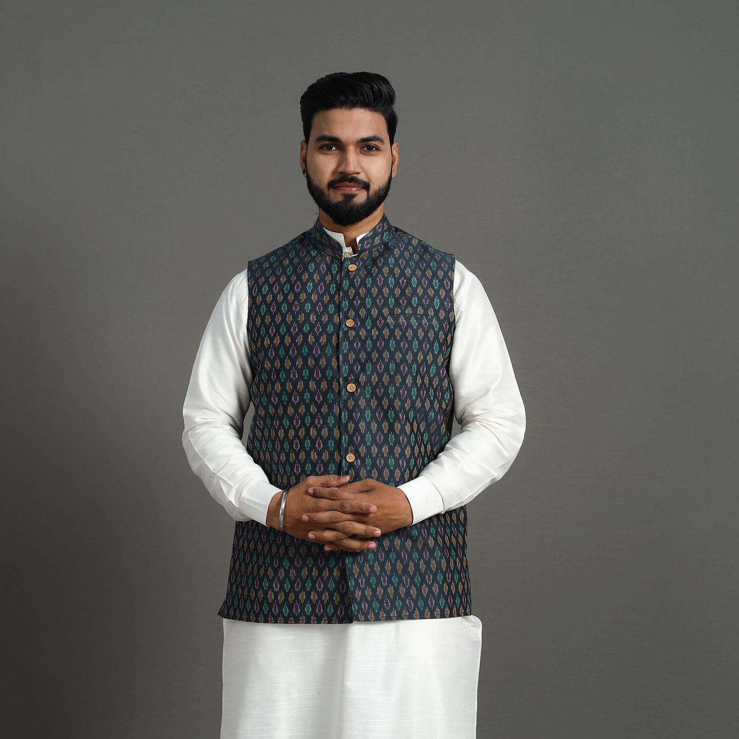 Dark Grey - Silk Cotton Handwoven Pochampally Ikat Nehru Jacket 15