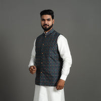 Dark Grey - Silk Cotton Handwoven Pochampally Ikat Nehru Jacket 15