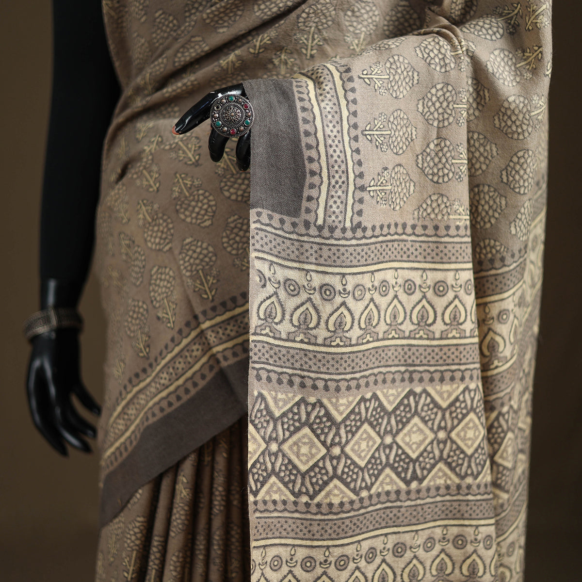Handwoven Merino Wool Natural Dyed Hand Block Print Ajrakh Saree 10