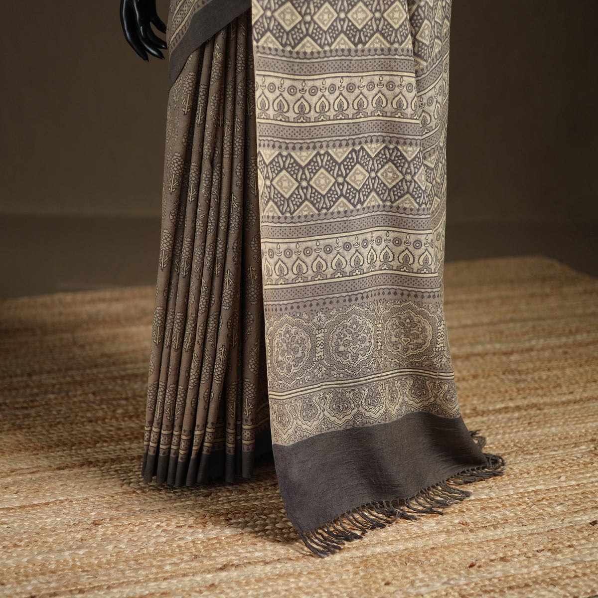 Handwoven Merino Wool Natural Dyed Hand Block Print Ajrakh Saree 10