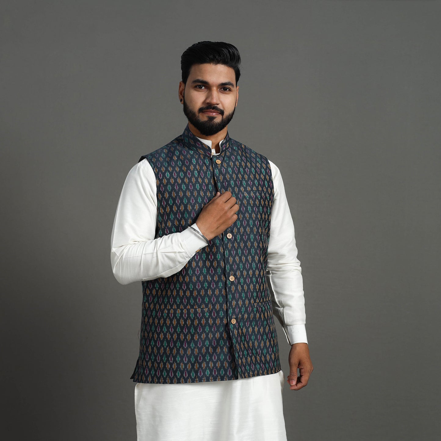 Dark Grey - Silk Cotton Handwoven Pochampally Ikat Nehru Jacket 15