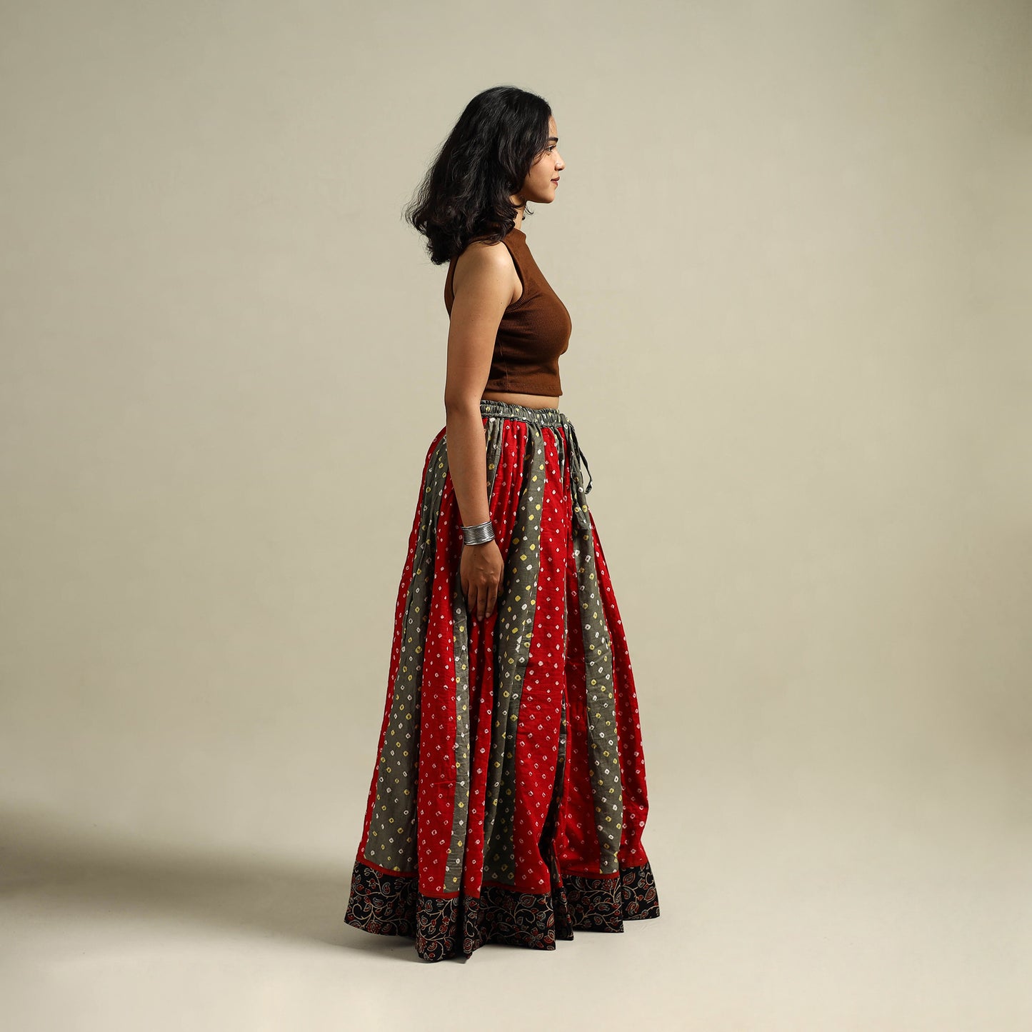 Multicolor - Bandhani Tie-Dye 24 Kali Patchwork Cotton Long Skirt 01