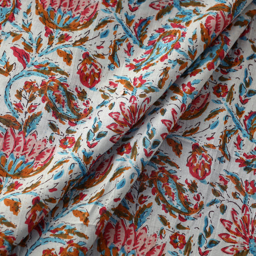 Multicolor - Laal Kamal & Blue Florals Cotton Sanganeri Print Fabric