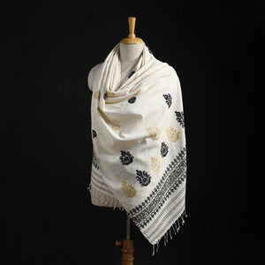 White - Handspun Handwoven Pure Eri Silk Aari Hand Embroidered Shawl of Assam 23