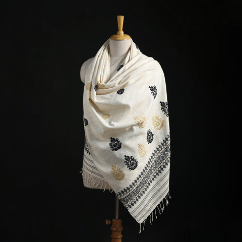 White - Handspun Handwoven Pure Eri Silk Aari Hand Embroidered Shawl of Assam 23