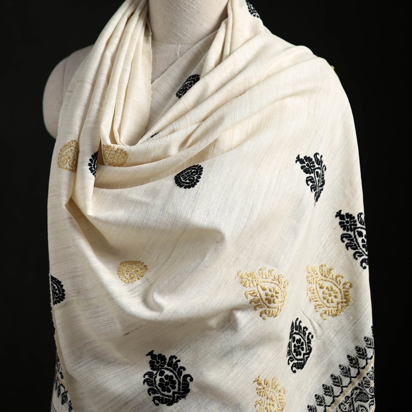 White - Handspun Handwoven Pure Eri Silk Aari Hand Embroidered Shawl of Assam 23