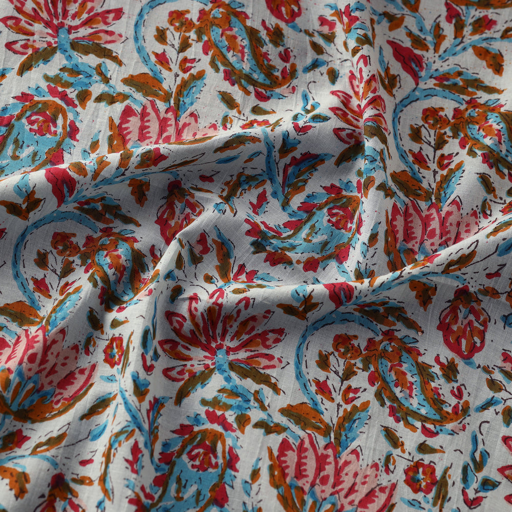 Multicolor - Laal Kamal & Blue Florals Cotton Sanganeri Print Fabric