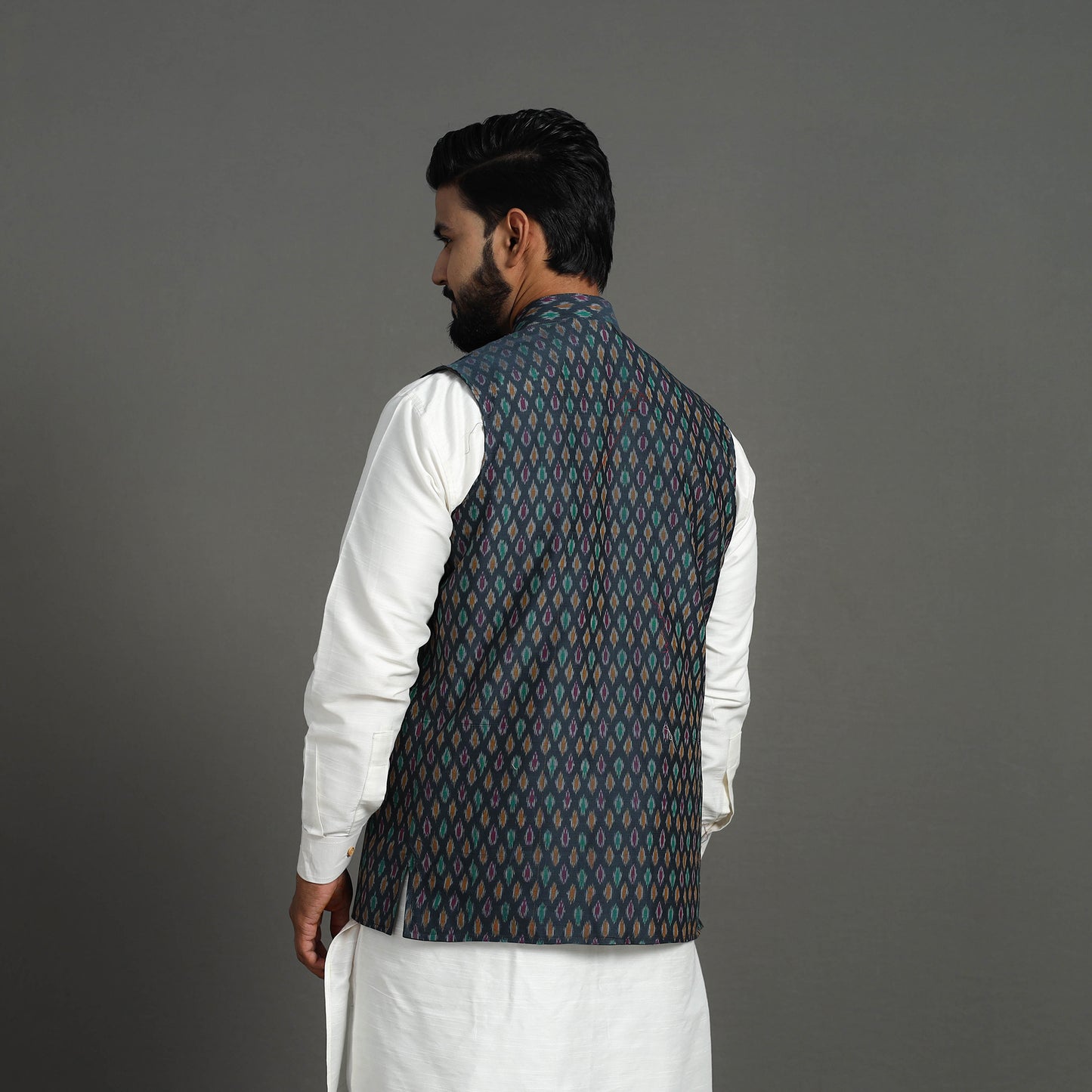 Dark Grey - Silk Cotton Handwoven Pochampally Ikat Nehru Jacket 15