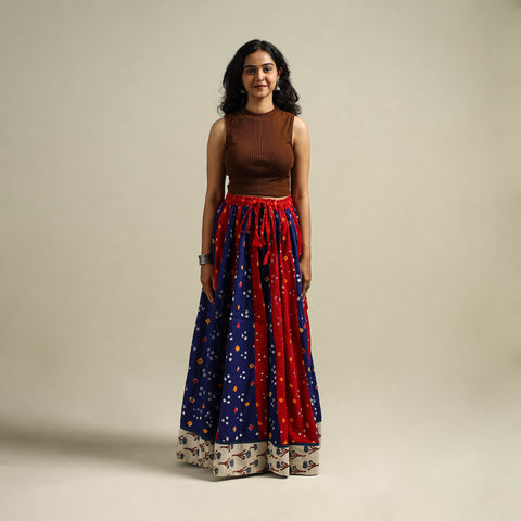 Multicolor - Bandhani Tie-Dye 24 Kali Patchwork Cotton Long Skirt 02