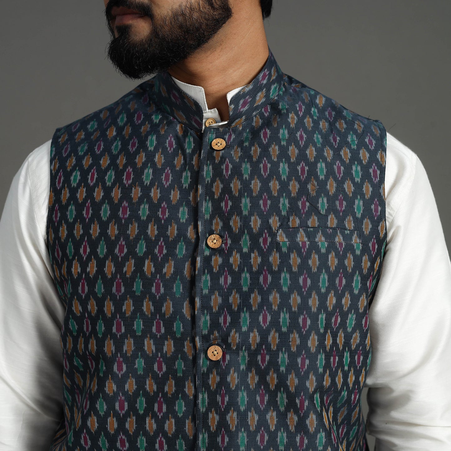 Dark Grey - Silk Cotton Handwoven Pochampally Ikat Nehru Jacket 15