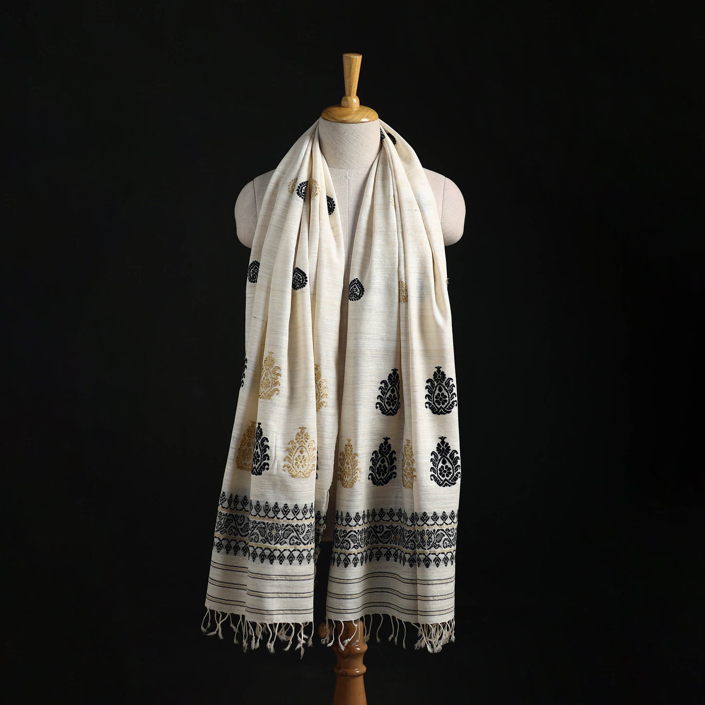 White - Handspun Handwoven Pure Eri Silk Aari Hand Embroidered Shawl of Assam 23