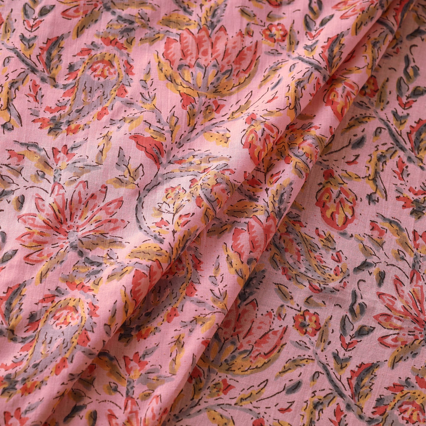 Lotus Garden On Pink Cotton Sanganeri Print Fabric