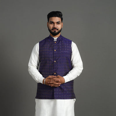 Purple - Silk Cotton Handwoven Pochampally Ikat Nehru Jacket 16