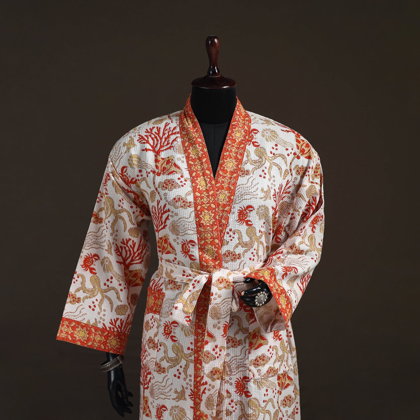 Sanganeri Hand Block Print Waffle Weave Cotton Bath Robe 11