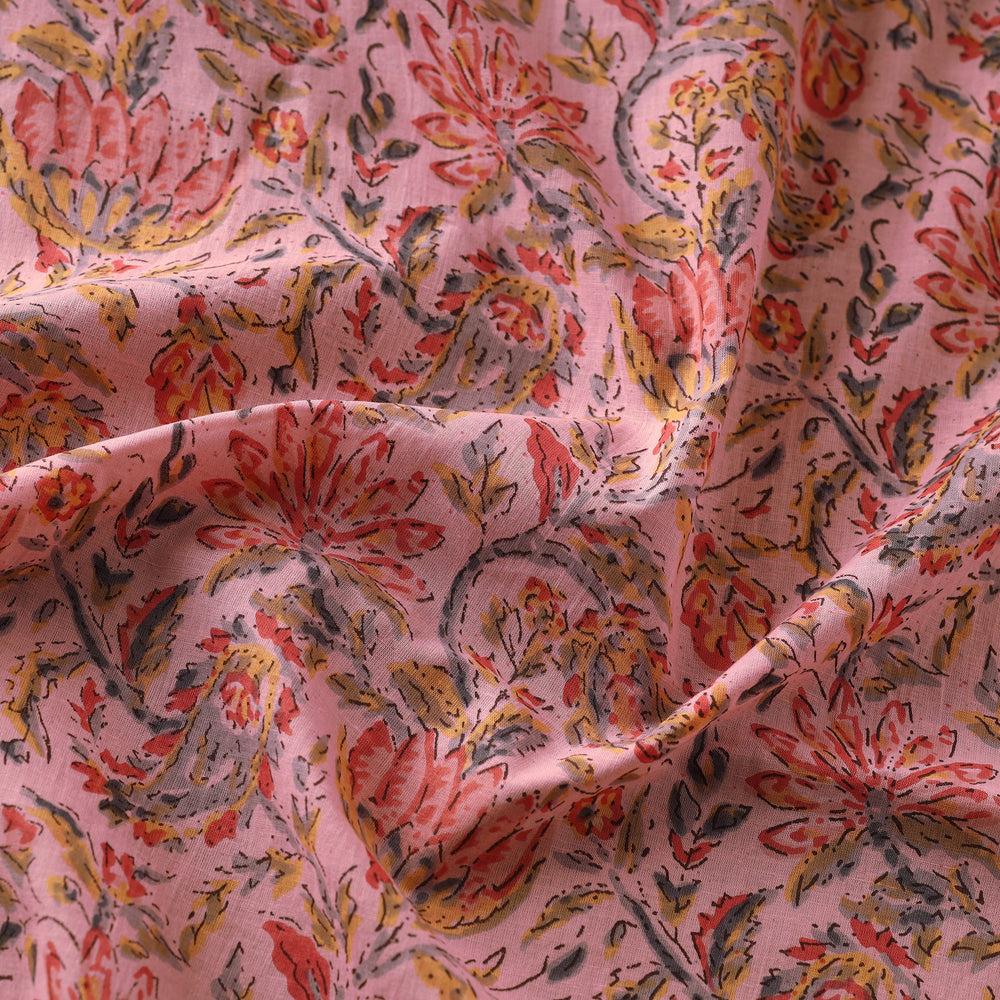 Lotus Garden On Pink Cotton Sanganeri Print Fabric