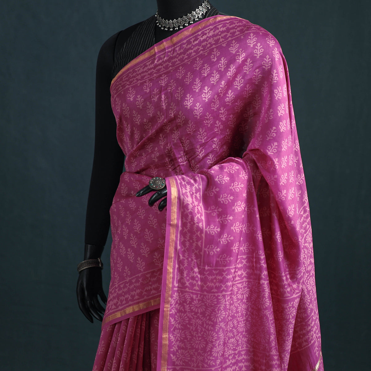 Bagru Hand Block Print Natural Dyed Mulberry Silk Saree 31