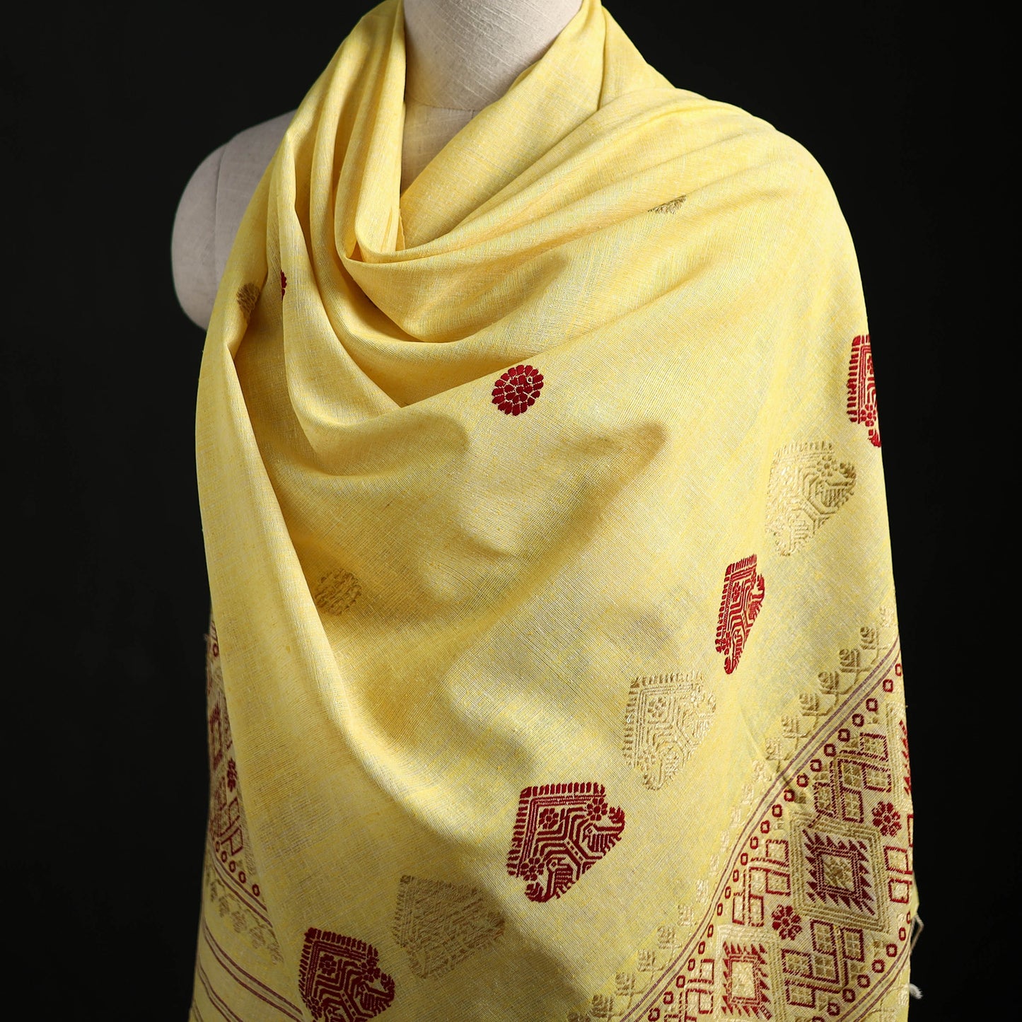 Yellow - Handspun Handwoven Pure Eri Silk Aari Hand Embroidered Shawl of Assam 24