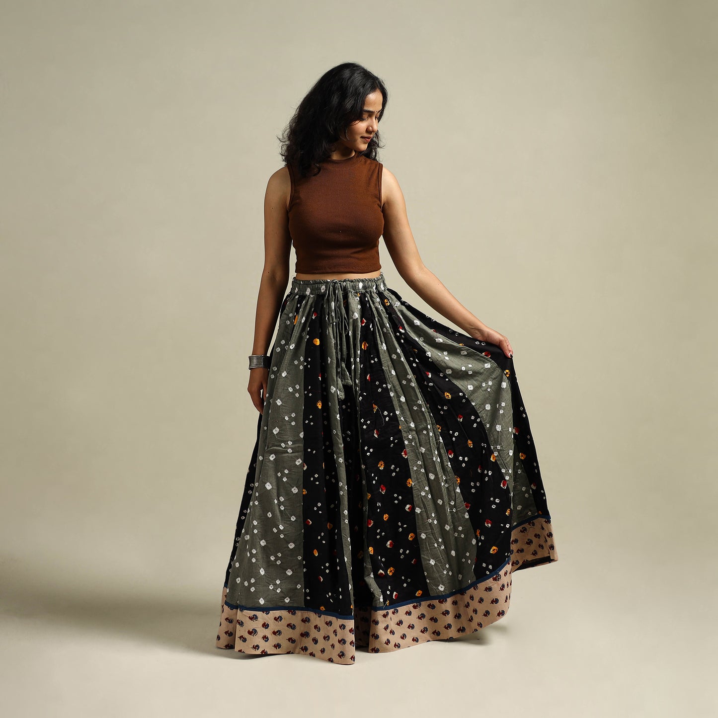 Multicolor - Bandhani Tie-Dye 24 Kali Patchwork Cotton Long Skirt 03